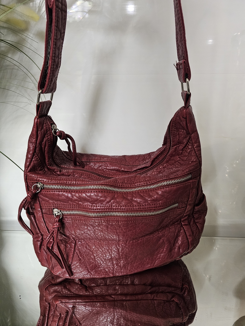 Bueno Burgundy Quilted-Texture Shoulder Bag with Front Zips